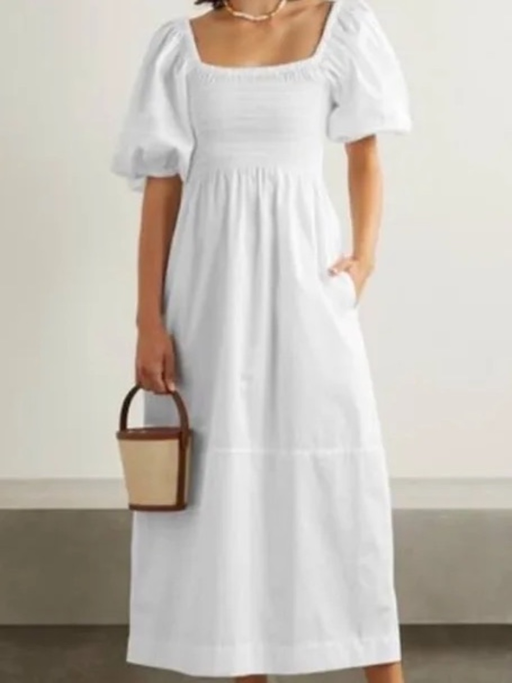 La Ligne White Puff-Sleeve Smocked Maxi Dress